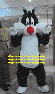 Costume de Mascotte de chat Sylvester noir vif, chaton Moggie avec grand nez rouge, petites oreilles blanches et noires, pour adulte, No.816, livraison gratuite