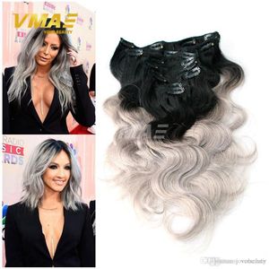 VMAE Brasileño 14 a 18 pulgadas 100 g Onda del cuerpo Gris plateado Ombre Color Virgen Remy Extensiones de cabello humano Clip en