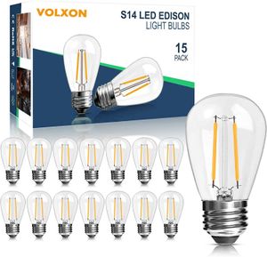 Volxon Lot de 15 ampoules LED de rechange S14 pour guirlandes lumineuses d'extérieur 2700 K Blanc chaud 2 W E26 Base Edison Ampoules équivalent 20 W