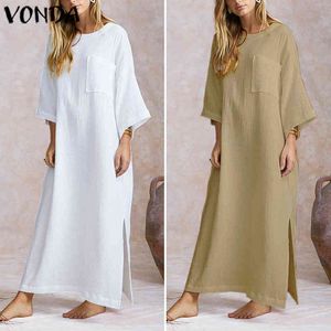 VONDA femmes élégantes solide Maxi longue Robe 2021 coton Vintage bohème grande taille Robe blanche Sexy ourlet fendu Vestido Robe Femme X0521