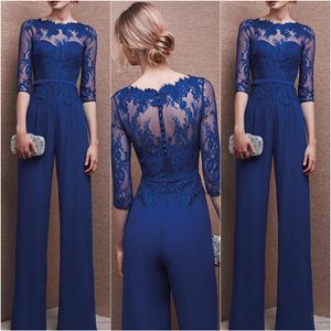 Waishidress Mode Bleu Royal Mère De La Mariée Pantalon Costumes En Mousseline De Soie Dentelle Bateau Manches Longues De Mariage Mères Invité Robe Sur Mesure