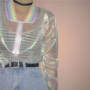Chalecos Harajuku de verano para mujer, chaqueta con holograma de sinfonía de arcoíris láser, abrigo básico para mujer, chaqueta Bomber transparente iridiscente transparente a prueba de sol