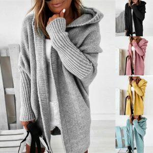 Chalecos suéter suelto con capucha chaqueta de mujer manga de murciélago de Color sólido Otoño Invierno 2022 abrigo con capucha de retales que combina con todo