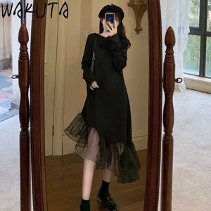 Wakuta moda negro irregular vestido mujer estilo coreano manga larga elegante volantes naturales dobladillo Midi vestidos Vintage 210529