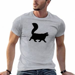 Caminando Lghaired Black Cat con Lg Fluffy Tail Camiseta anime ropa aduanas de gran tamaño camisetas de secado rápido hombres Y8YJ #