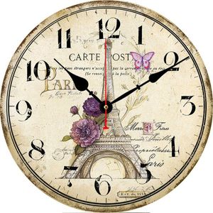 Relojes de pared Reloj de París de 14 pulgadas, Vintage/país/Torre francesa Decoración familiar de madera redonda Reloj pintado