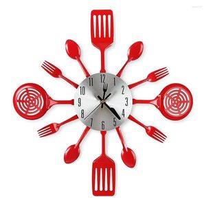 Horloges murales Cuisine de 16 pouces avec cuillères et fourchettes Vaisselle 3D Salle d'horloge (rouge)