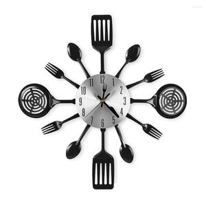 Horloges murales 16 pouces grande cuisine avec cuillères et fourchettes 3D vaisselle horloge chambre décoration de la maison (noir)