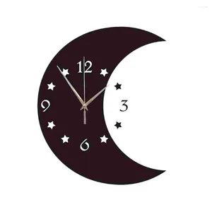Relojes de pared 1PC Reloj de superficie de espejo Luna y estrella Colgante decorativo para el hogar Sala de estar Dormitorio (Negro)