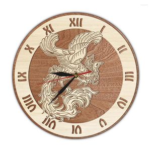 Relojes de pared Mitología griega antigua Rising Phoenix Reloj de madera Decoración rústica para el hogar Animal mítico Pájaro exótico Reloj silencioso