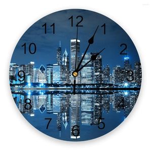 Relojes de pared Chicago Arquitectura del paisaje Vista nocturna Reloj moderno para la decoración de la oficina en el hogar Sala de estar Decoración del baño Reloj