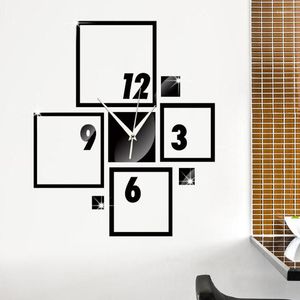 Horloges murales créatives bricolage horloge autocollants Design moderne 3D cristal miroir mode noir argent mélange couleur carré