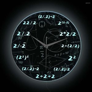 Horloges murales formule deux heures horloge mathématique pour professeur décor de bureau thème mathématique éclairage LED lueur dans le noir montre