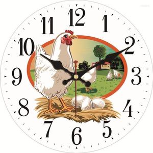 Relojes de pared divertidos pollo, gallina, granja, reloj, casa, huevos frescos, diseño campestre, relojes redondos de madera, animales, decoración de patio, regalo