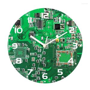 Horloges murales Funny Computer Green Circuit Board Big Clock Geek Montre décorative Technologie Science Professeur Nerd Ingénieur Cadeau Décor