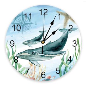 Horloges murales Thème marin Animal Baleine Étoile de mer Horloge Style rond Mode Design moderne Maison Salon Chambre Décoration