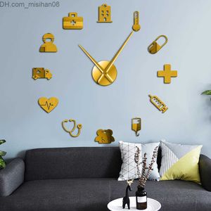 Horloges murales médecine soins de santé ambulance outils médicaux grande horloge murale bricolage acrylique effet miroir stickers muraux hôpital clinique décor montre 210309 Z230705