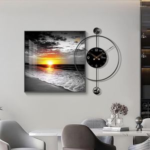 Relojes de pared Luz moderna Sala de estar de lujo Imagen colgante Reloj Combinación Paisaje Silencioso Decorativo