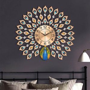 Relojes de pared Moderno Lujo 3D Diamante Cristal Cuarzo Pavo real para el hogar Sala de estar Decoración Gran reloj silencioso Artesanía