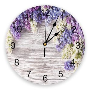 Relojes de pared Flor lila púrpura Reloj de tablero de madera Diseño moderno Colgante Decoración para el hogar Sala de estar Redondo PVC ClocksWallWallWall