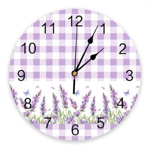 Horloges murales Rustique Fleur Violet Lavande Papillon Grande Horloge À Manger Restaurant Café Décor Rond Silencieux Décoration De La Maison
