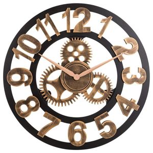 Relojes de pared SHGO -Reloj 3D Retro Rústico Vintage Madera 23 pulgadas Reloj de engranaje silencioso Número Oro antiguo