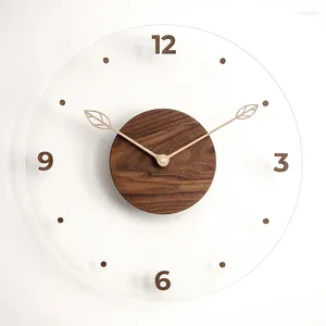 Horloges murales en bois massif acrylique horloge ronde simple noyer pointeur muet montre salon étude chambre décoration de la maison