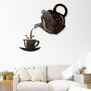 Horloges murales théière et tasse bricolage 3D horloge effet miroir montres décoratives bouilloire à thé en forme de cruche de cuisine suspendue avec un