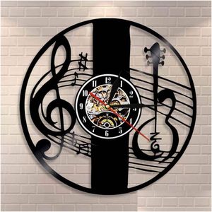 Relojes de pared Treble Clef Music Note Art Clock Instrumento musical Violín Key Record Classic Home Decor Gift Drop Delivery Garden Dhep4