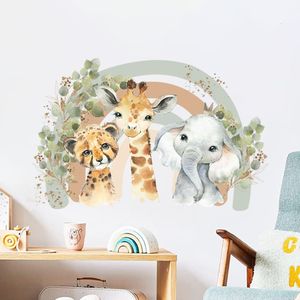 Wall Decor Cartoon Cute Elephant Giraffe Rainbow Leaves Watercolor Sticker Vinyl Baby Nursery Art Decals for Kids Room Home 230411