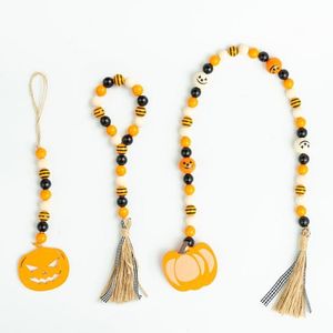 Guirlande de perles en bois pour décoration murale d'halloween, décorée avec pendentif citrouille, pompon, perles de ferme, décorations pour cadeaux de fête