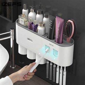 Wall-mounted Toothbrush Holder With 2 Toothpaste Dispenser Punch-free Bathroom Storage For Home Waterproof Bathroom Accessories 211224