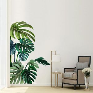 Autocollants muraux en PVC, 2 pièces, feuilles auto-adhésives, arrière-plan de plantes tropicales, Style nordique, décoration artistique pour la maison, vente en gros