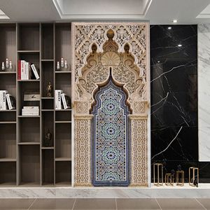 Stickers muraux 2pcs / set Musulman Grande Mosquée de La Mecque Porte Art Mural Autocollant Décor À La Maison Salon Porche Peel Stick papier 230227