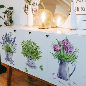 Stickers muraux 3pcs aquarelle pots de fleurs autocollant pour cuisine salle décor salon meubles décoration salon maison