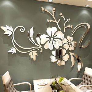 Adesivi murali Specchio acrilico floreale fai da te 3D Sakura adesivo rimovibile argento oro decalcomania fiore vite decorazione artistica casa dormitorio 230822
