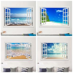 Pegatinas de pared Azul Playa Naturaleza Cielo Ventana 3D Vista Etiqueta de la pared PVC Mar Paisaje Vinilo Calcomanía Decoración de la habitación Papel tapiz autoadhesivo Imagen 230608