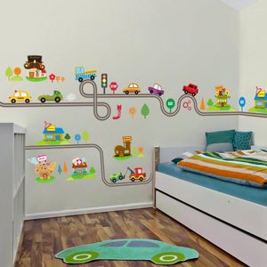 Stickers muraux dessin animé voitures Transport ville carte routière pour chambre d'enfants garçon bébé décoration décalcomanies chambre salon PVC affiche