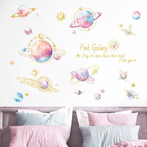 Pegatinas de pared de dibujos animados de galaxia rosa para guardería, decoración del hogar, salas de estar, dormitorio de niños, calcomanías de planeta espacial