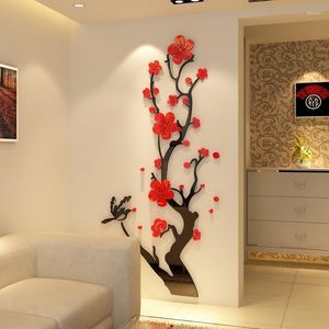 Pegatinas de pared Estilo chino 3D Flores de ciruelo Decoraciones para el hogar Sala Comedor Decoración Calcomanías Acrílico