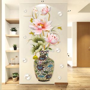 Stickers Muraux Décoratif Style Chinois Vintage Vase Autocollant Fleur De Lotus Poisson Décoration Art Amovible Salon Fond Décor À La Maison 230422