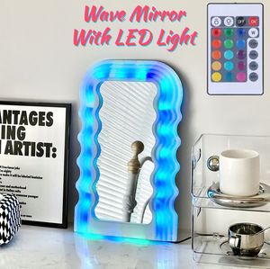 Stickers muraux Glowing Wave Mirror Avec LED Light Cosmetic Make Up Maquillage Bureau Irrégulier Esthétique Creative Ins Home Decor 230330