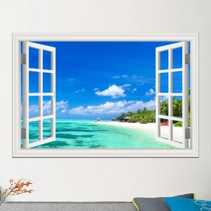 Pegatinas de pared Imagen de la naturaleza Mar azul y cielo Paisaje de verano Pegatina extraíble Calcomanía Papel tapiz 3D Vista de la ventana Decoración de la habitación