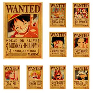 Pegatinas de pared de una pieza, póster clásico de Anime, Luffy Zoro Wanted, decoración de habitación, papel Kraft artístico