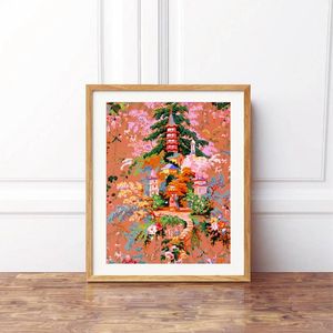 Pegatinas de pared peonías flor de cerezo Chinoiserie arte pintura asiática tradicional Vintage ilustración imagen póster impresiones Decoración