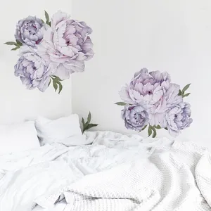 Autocollants muraux de pivoine violette, autocollants de fleurs de chambre à coucher, autocollants auto-adhésifs amovibles pour la décoration de la maison