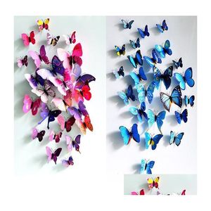 Stickers muraux qualifiés 12pcs décalcomanie décorations pour la maison 3D papillon arc-en-ciel PVC papier peint pour salon livraison directe jardin DHJ0R