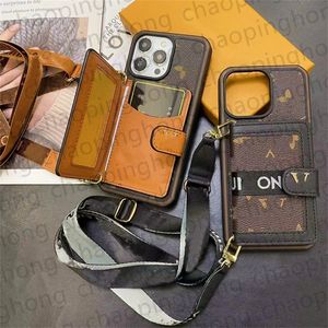 Portefeuille concepteur de cas de téléphone pour iPhone 15 Pro Max Case iPhone 14 Pro Max 13 12 11 XS Max XR 15 Plus support de carte de boîtier Luxury Crossbody Leather Flip iPhone Case STRAP