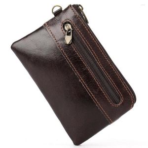 Monedero de piel de vaca auténtica para hombre, bolsa Retro con cremallera, monedero de cuero para hombre, Mini billetera cero