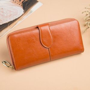 Carteras de cuero genuino negro marrón rojo púrpura café mujer cartera mujer embrague largo señora lujo dinero bolsa mágica cremallera monedero